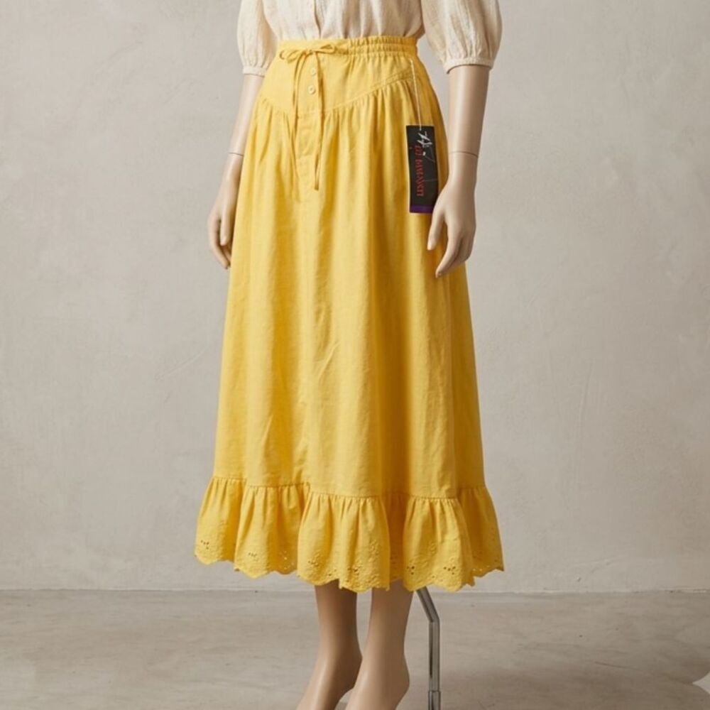 Joe Benbasset Yellow Western Cotton Midi Skirt Ruffle Hem NOS Embroidered Large